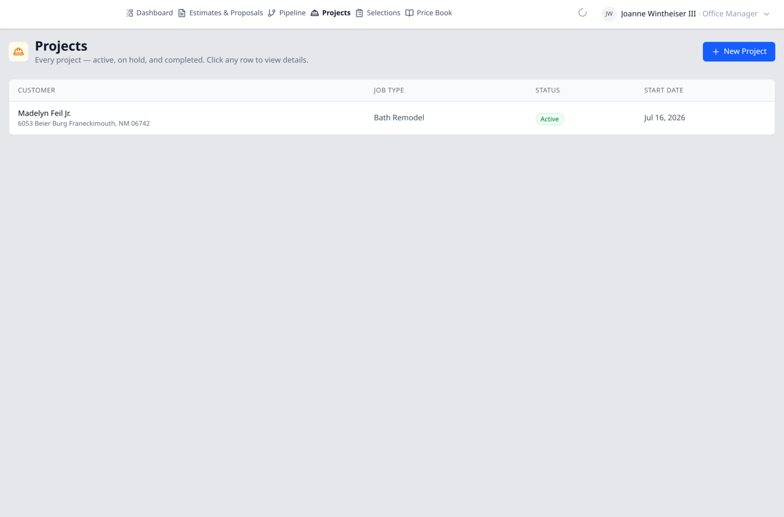 Interior view of a custom-construction client portal showing a project tracking board