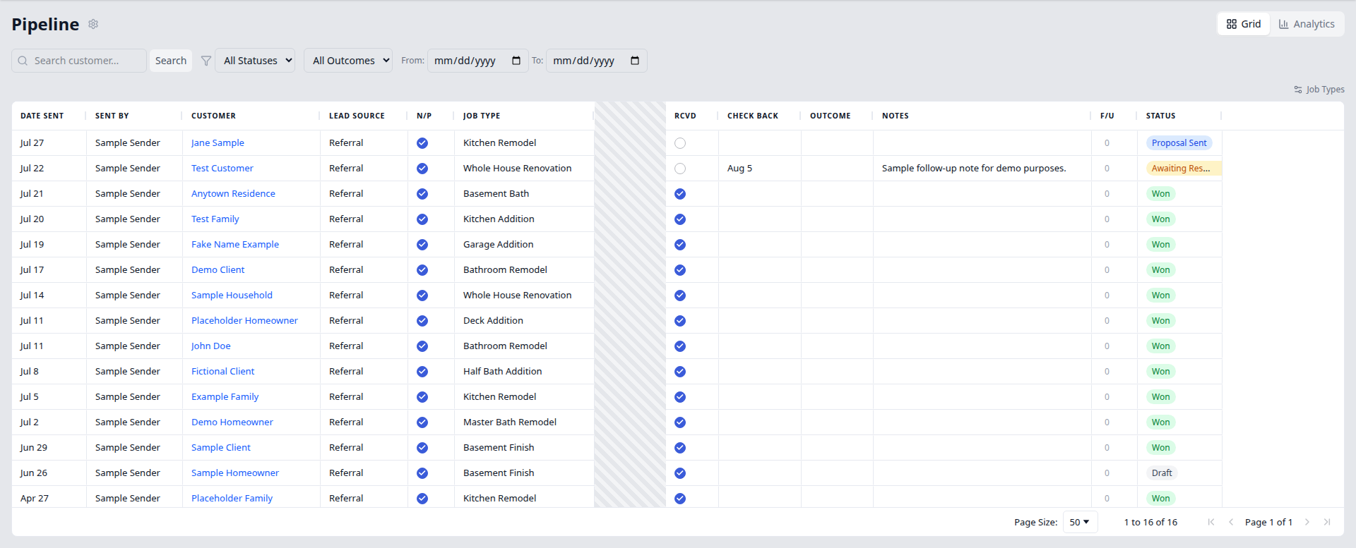 Screenshot of a client job-pipeline portal, seeded with sample data