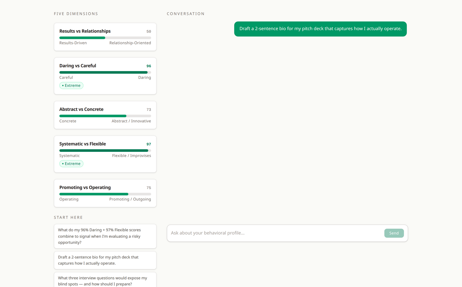 Interactive behavioral-intelligence advisor showing a five-dimension assessment profile alongside a live conversation